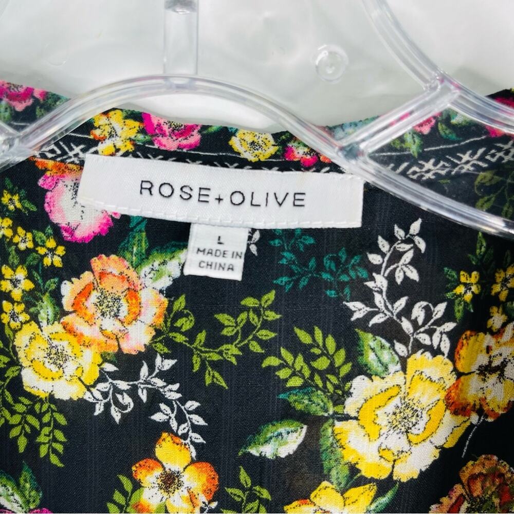 Rose & Olive black yellow pink floral boho popover pleated top large - Picture 5 of 8